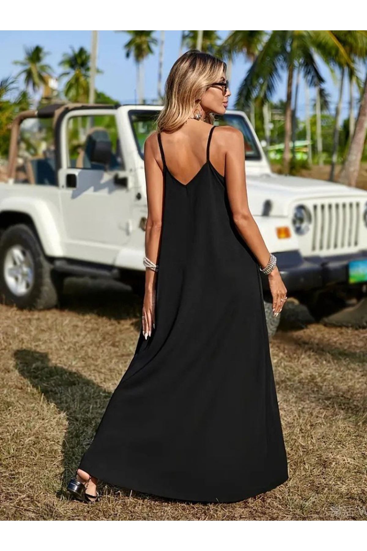 Kadın Askılı V Yakalı Etnik şerit Detaylı Uzun Viskon Elbise