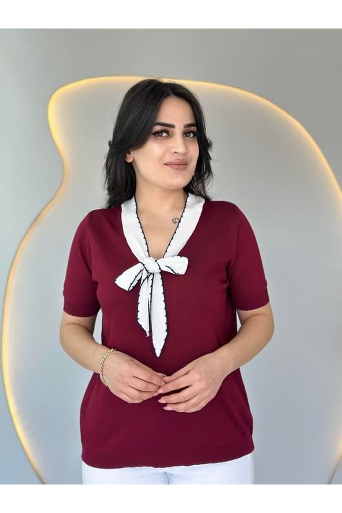 Kadın Kısa Kollu V Yaka Fular Detay Merserize Triko Bbluz