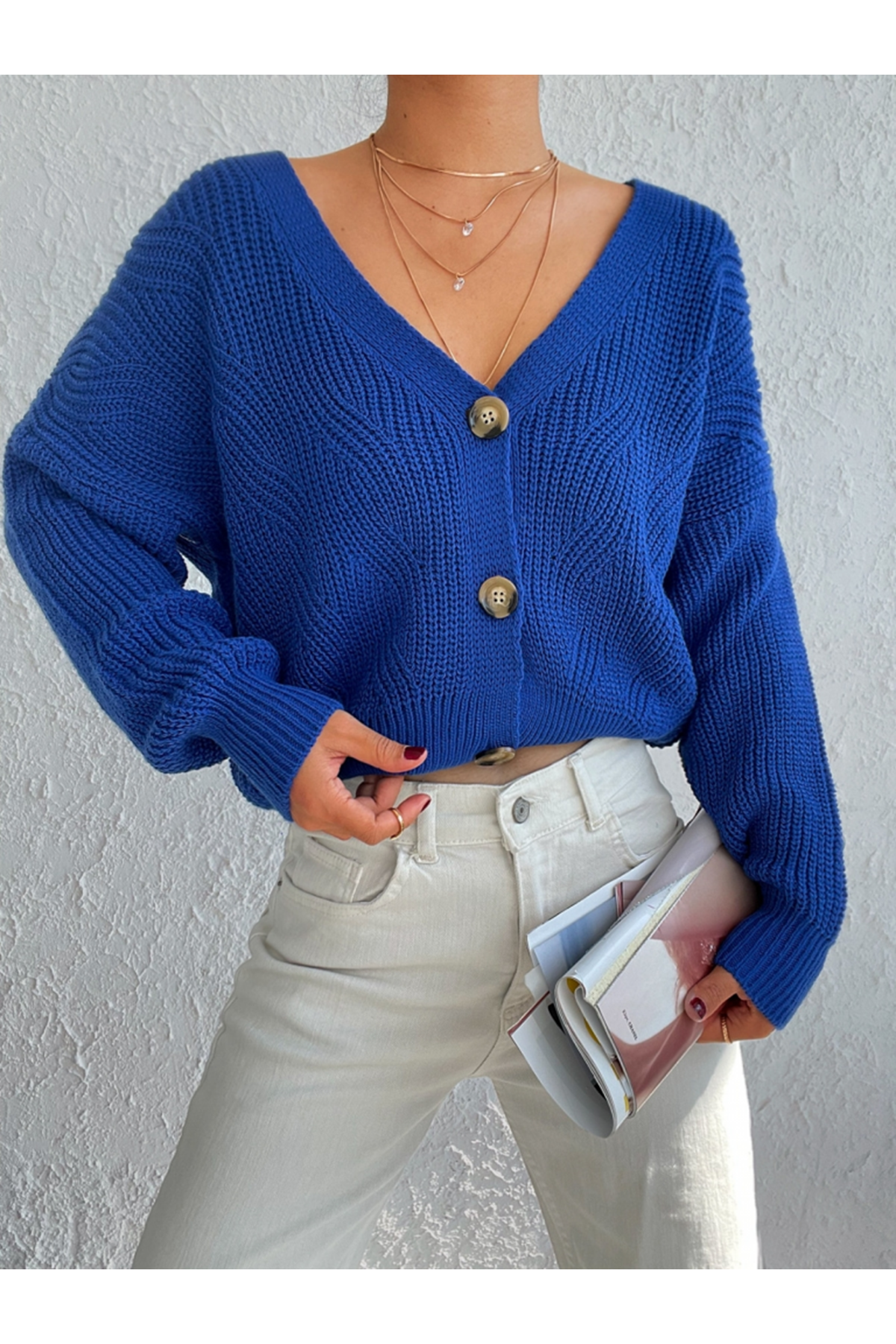 Kadın Uzun Kollu Düğme Detay Triko Hırka