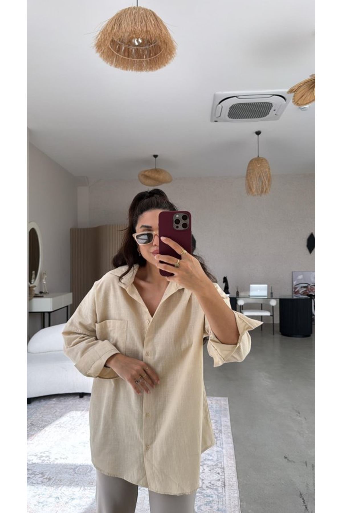 Kadın Tek Cepli Over Size Ketem Gömlek