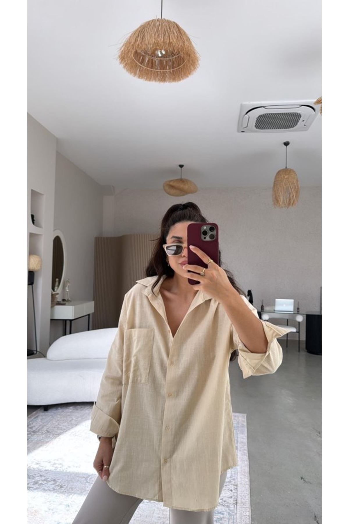 Kadın Tek Cepli Over Size Ketem Gömlek