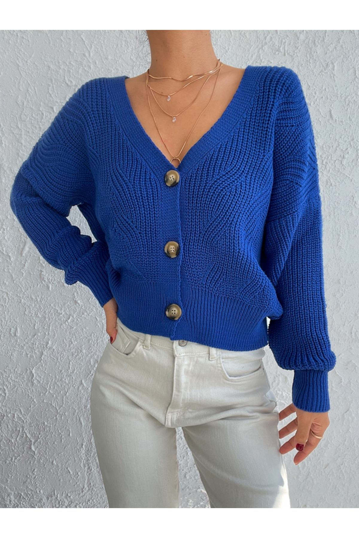 Kadın Uzun Kollu Düğme Detay Triko Hırka