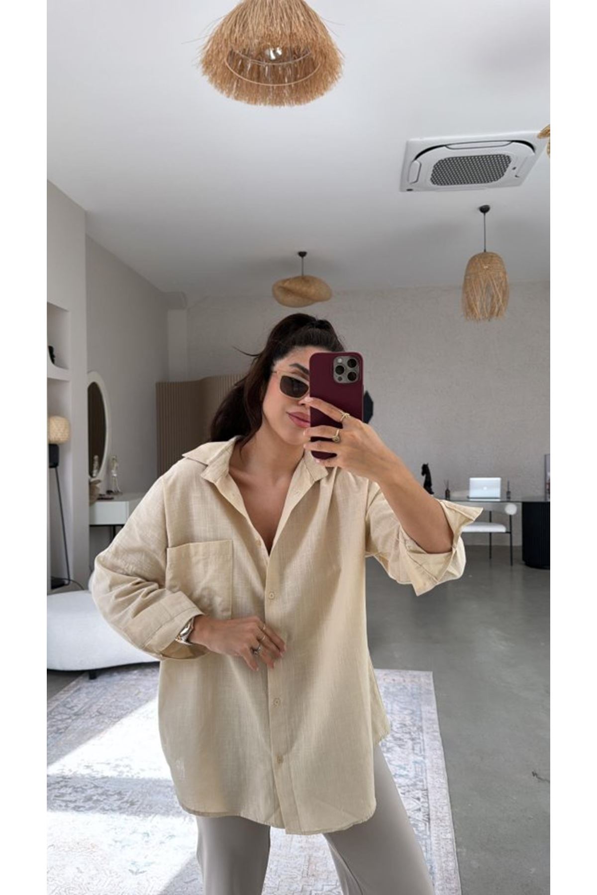 Kadın Tek Cepli Over Size Ketem Gömlek