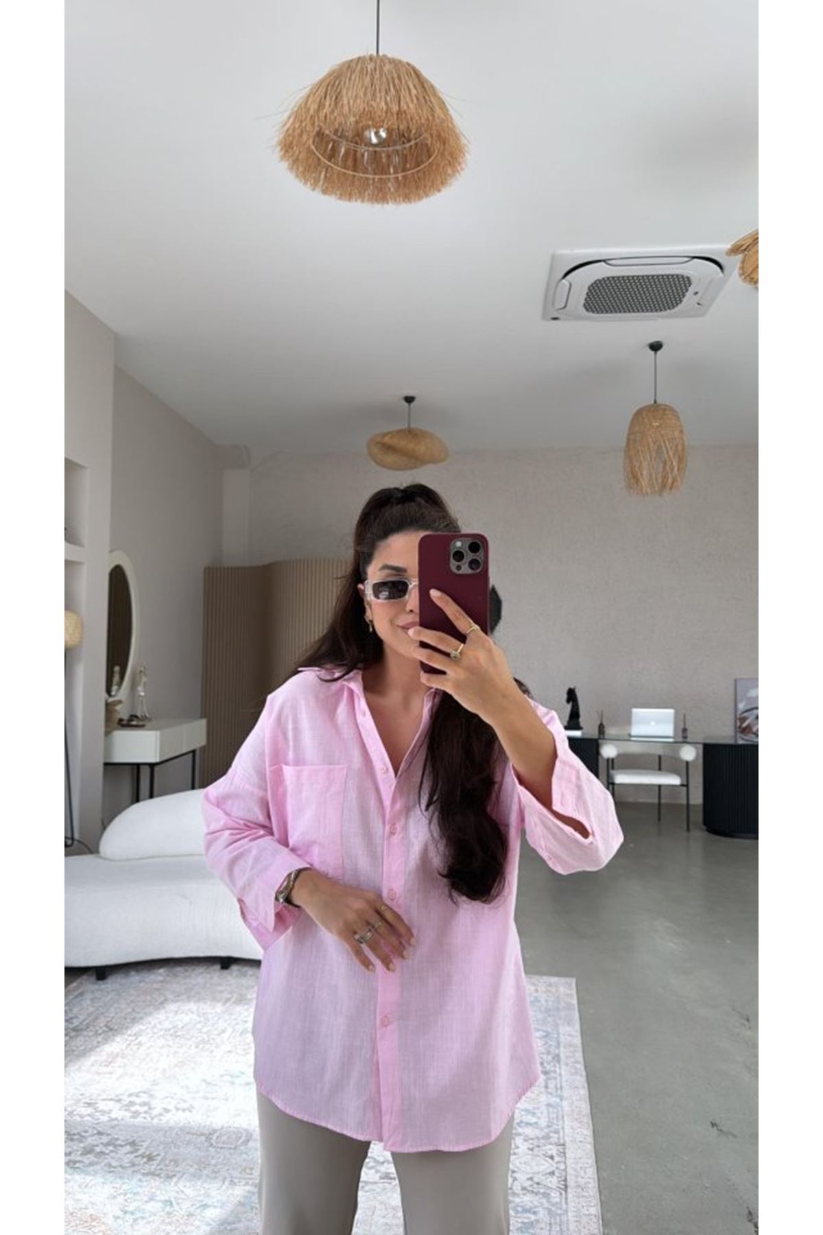 Kadın Tek Cepli Over Size Ketem Gömlek