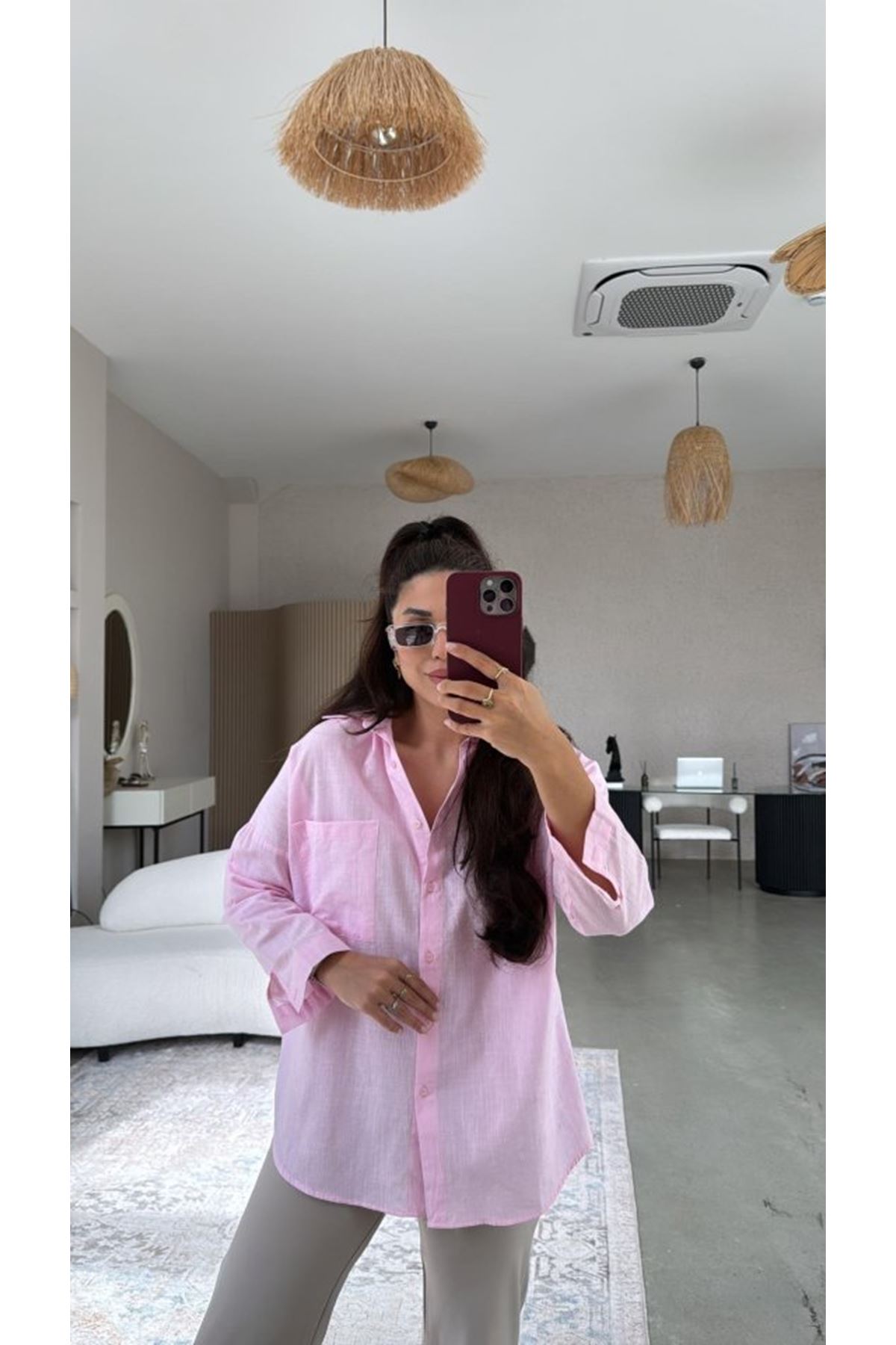 Kadın Tek Cepli Over Size Ketem Gömlek