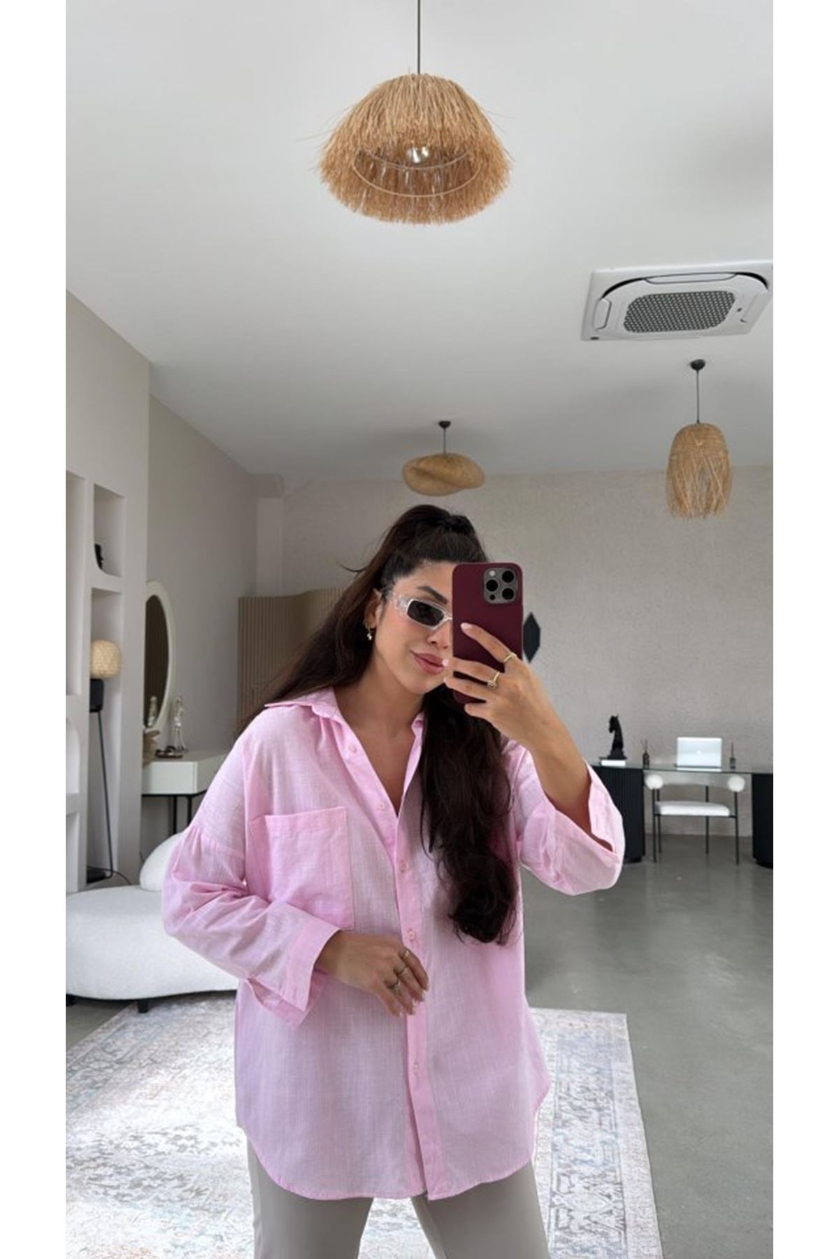 Kadın Tek Cepli Over Size Ketem Gömlek