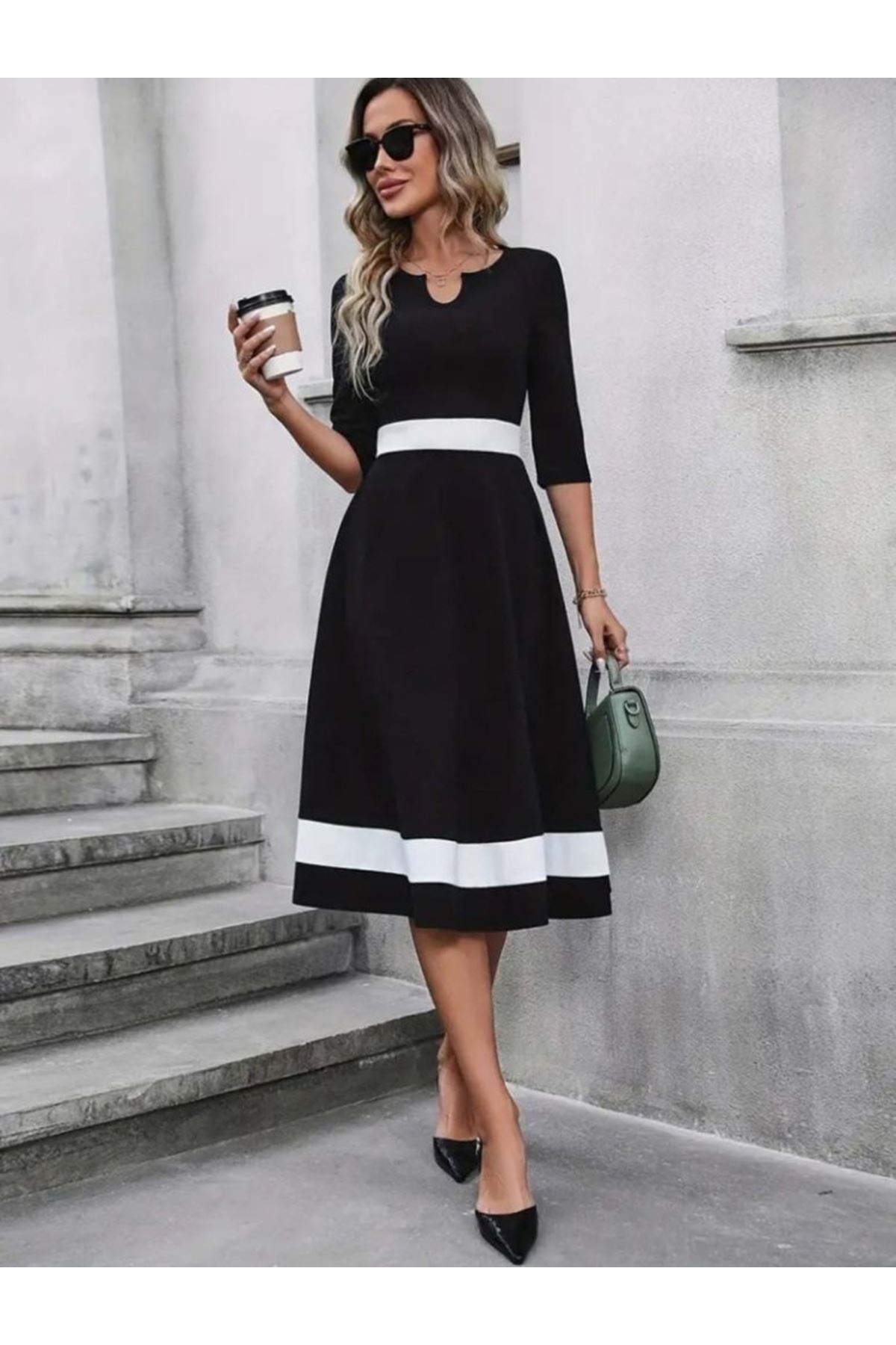 Kadın Truvakar Kol V Yakalı Janjan Krep Midi Elbise