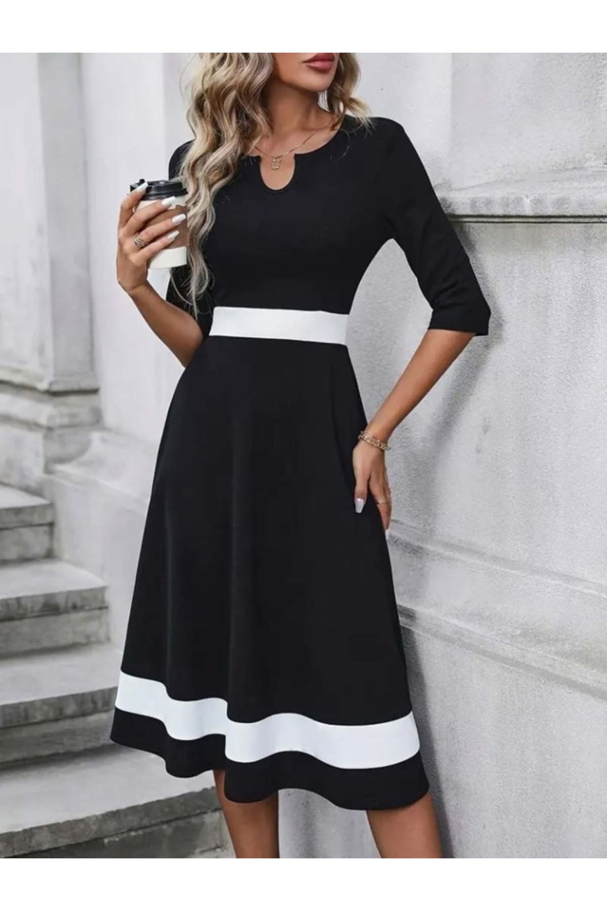 Kadın Truvakar Kol V Yakalı Janjan Krep Midi Elbise