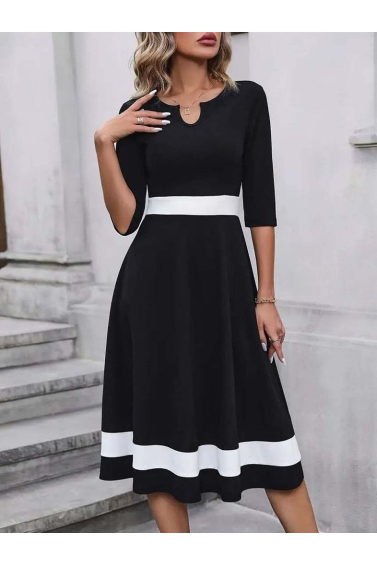 Kadın Truvakar Kol V Yakalı Janjan Krep Midi Elbise