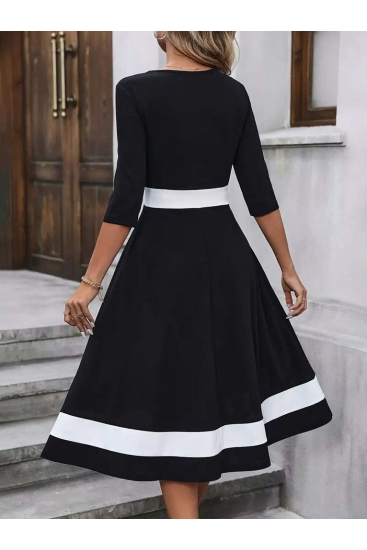 Kadın Truvakar Kol V Yakalı Janjan Krep Midi Elbise