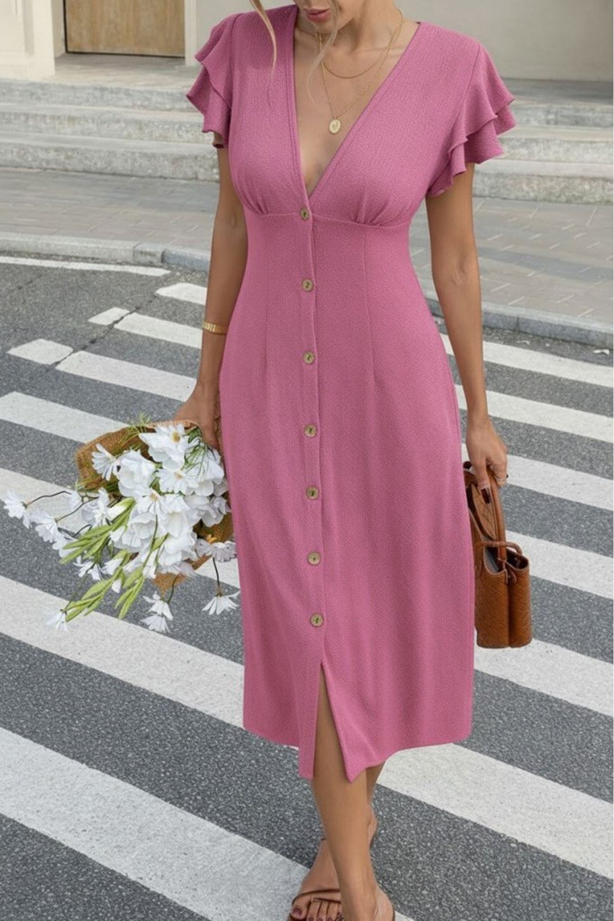 Kadın Kısa Kollu V Yakalı önden Düğmeli Bürümcük Midi Elbise