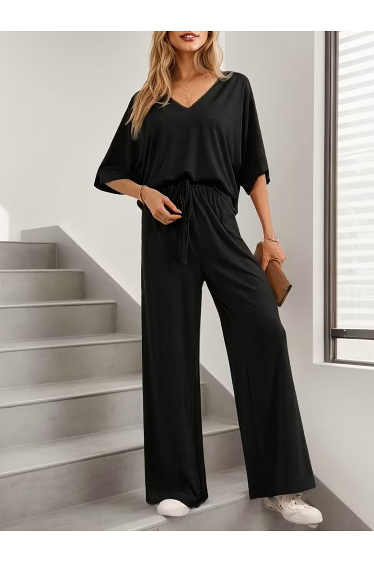 Kadın Kısa Kollu V Yakalı Viskon Bluz Ve Pantolon Ikili Takım