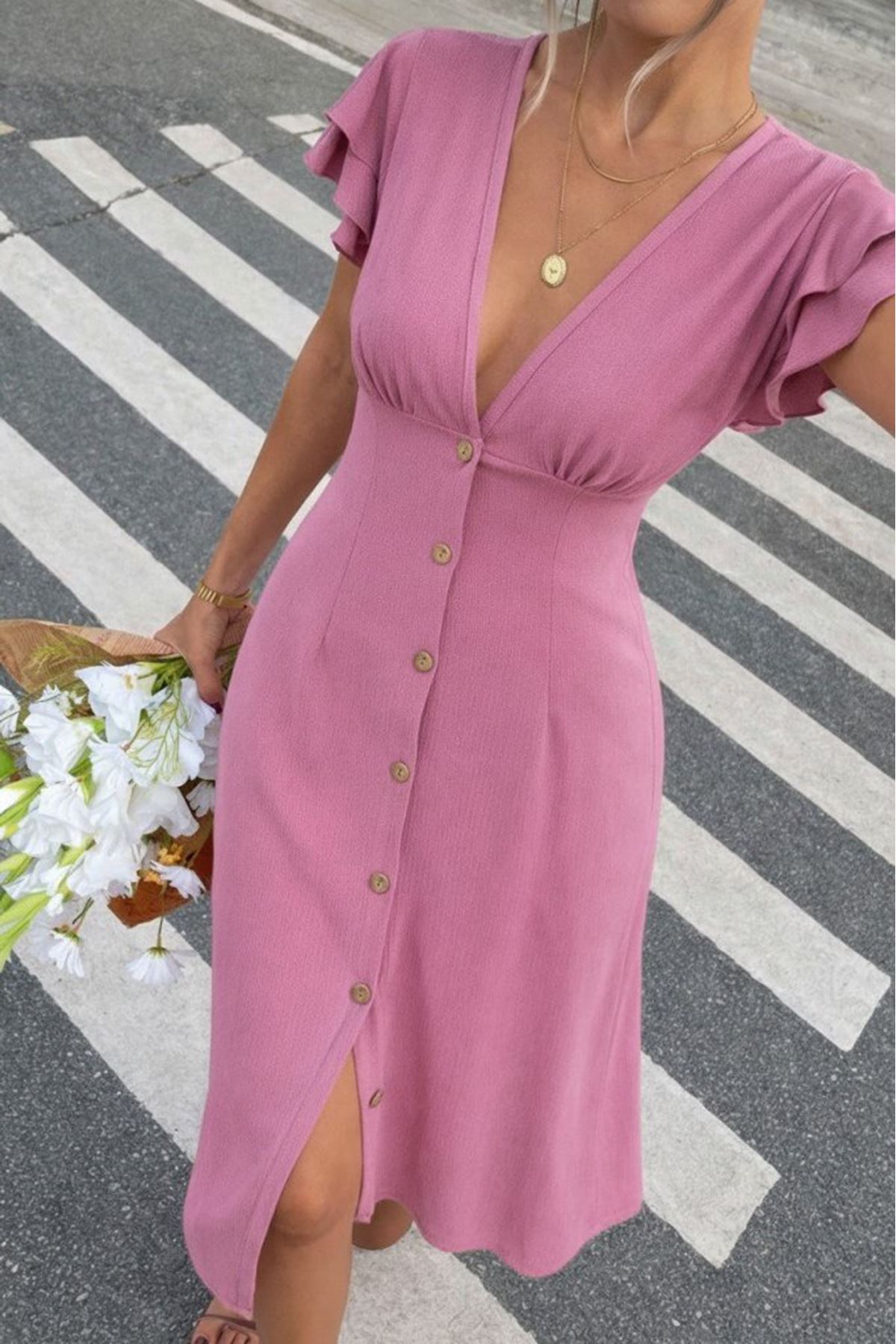Kadın Kısa Kollu V Yakalı önden Düğmeli Bürümcük Midi Elbise
