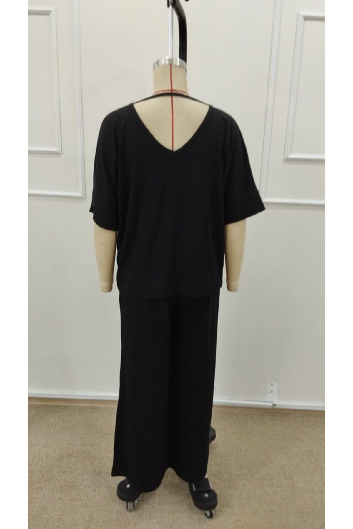 Kadın Kısa Kollu V Yakalı Viskon Bluz Ve Pantolon Ikili Takım