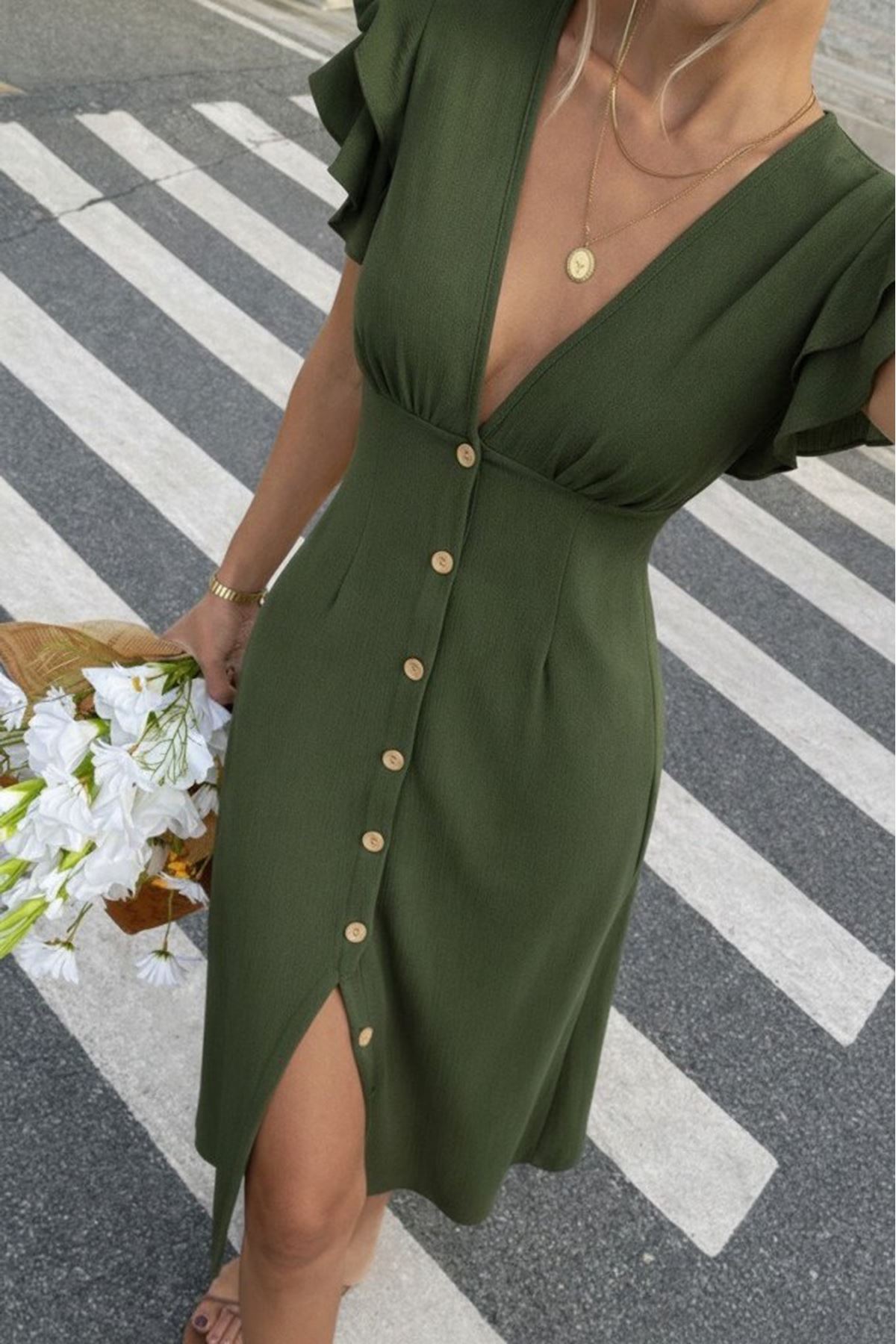 Kadın Kısa Kollu V Yakalı önden Düğmeli Bürümcük Midi Elbise