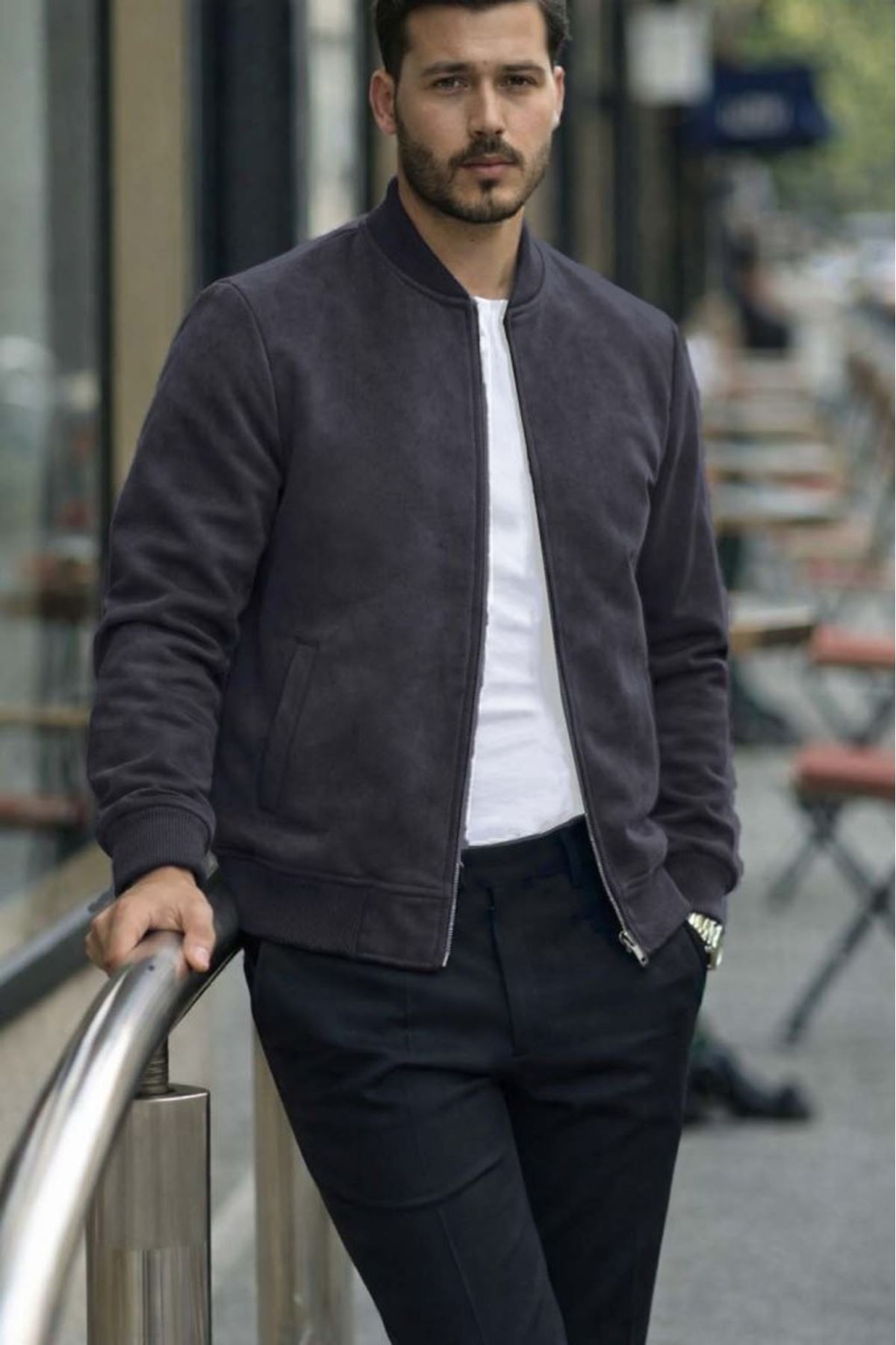 Erkek Uzun Kollu önden Fermuarlı Süet Ceket