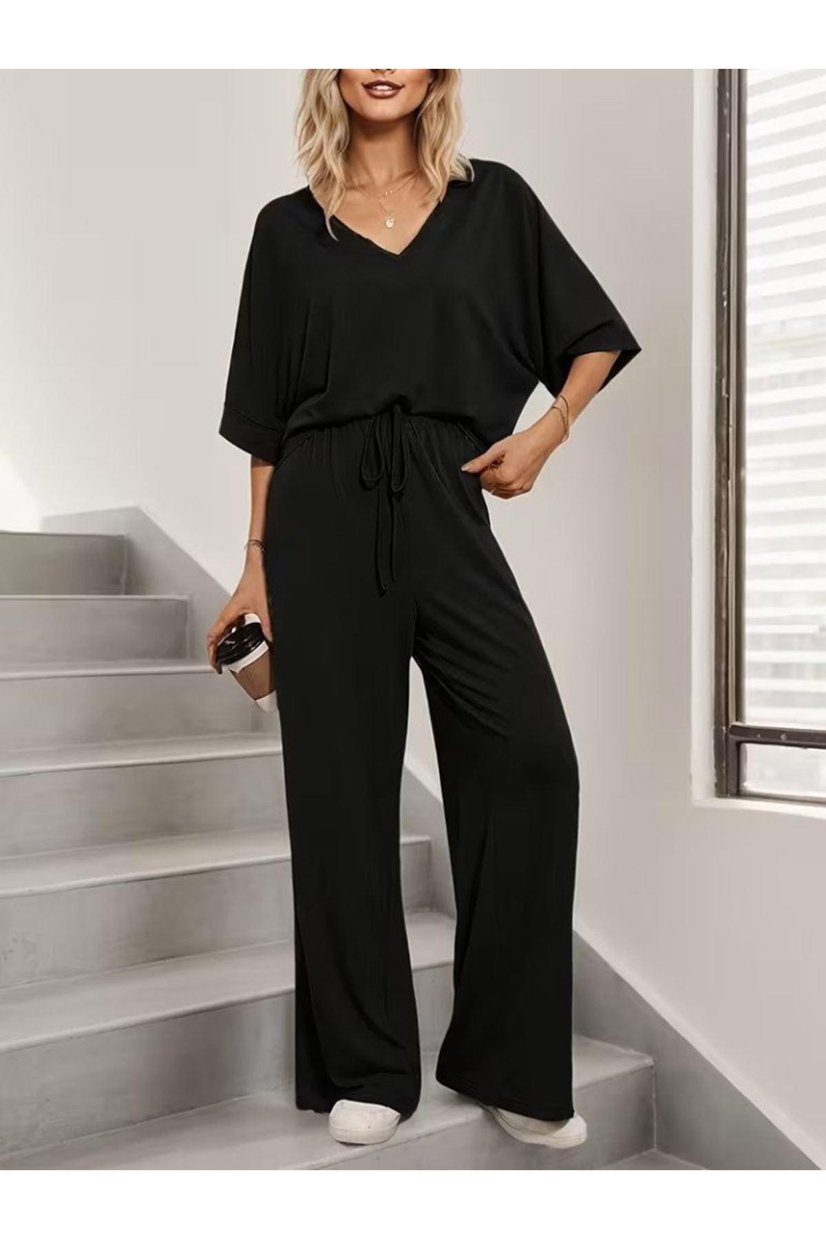 Kadın Kısa Kollu V Yakalı Viskon Bluz Ve Pantolon Ikili Takım