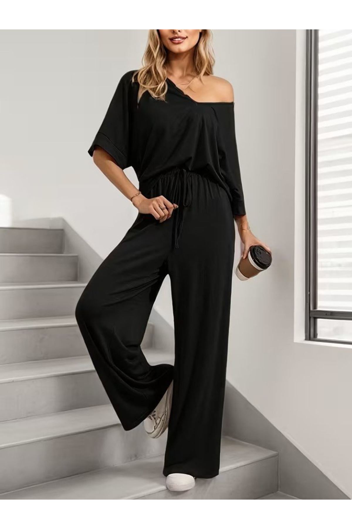 Kadın Kısa Kollu V Yakalı Viskon Bluz Ve Pantolon Ikili Takım