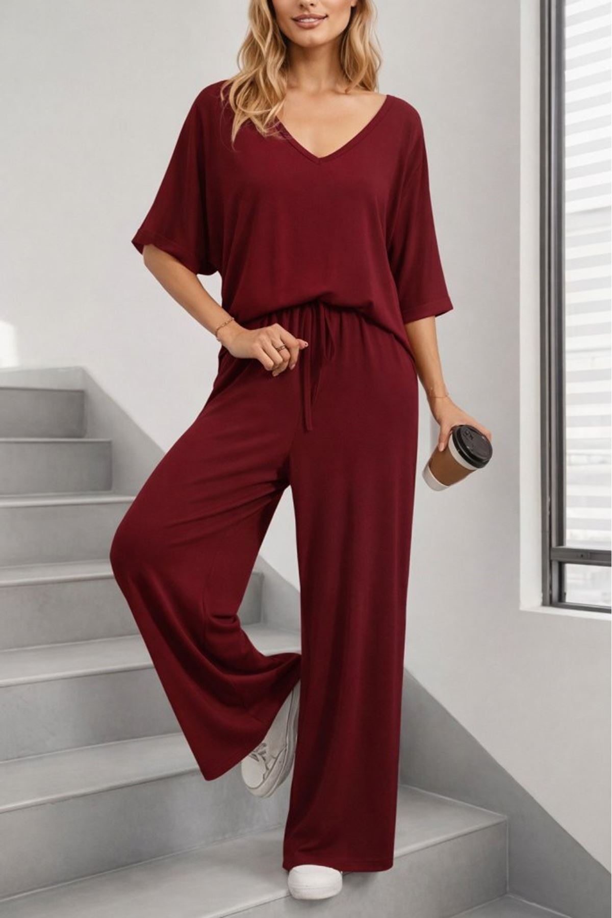 Kadın Kısa Kollu V Yakalı Viskon Bluz Ve Pantolon Ikili Takım