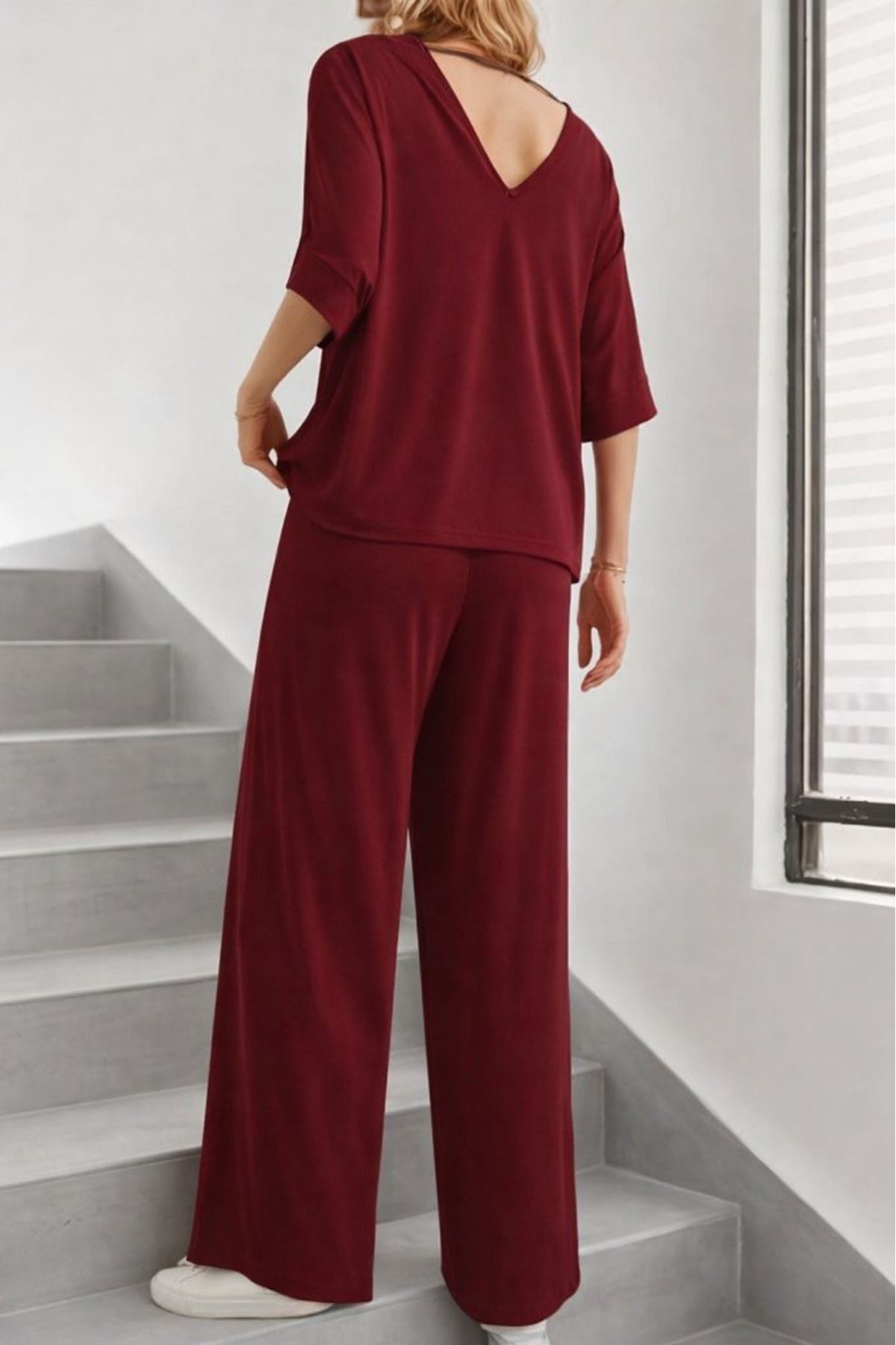 Kadın Kısa Kollu V Yakalı Viskon Bluz Ve Pantolon Ikili Takım