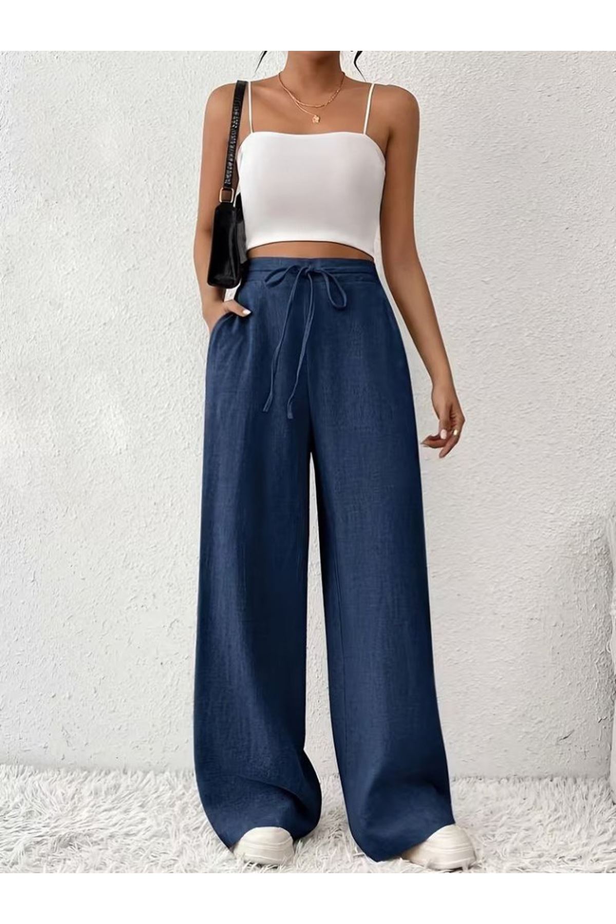 Kadın Yüksek Bel önden Bağlamalı Geniş Kesim Detaylı Uzun Pantolon