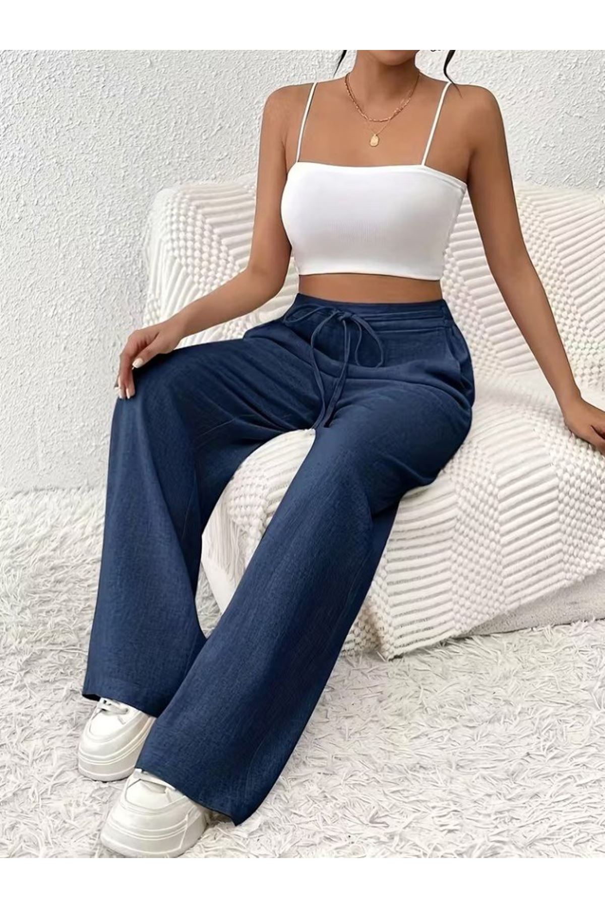 Kadın Yüksek Bel önden Bağlamalı Geniş Kesim Detaylı Uzun Pantolon