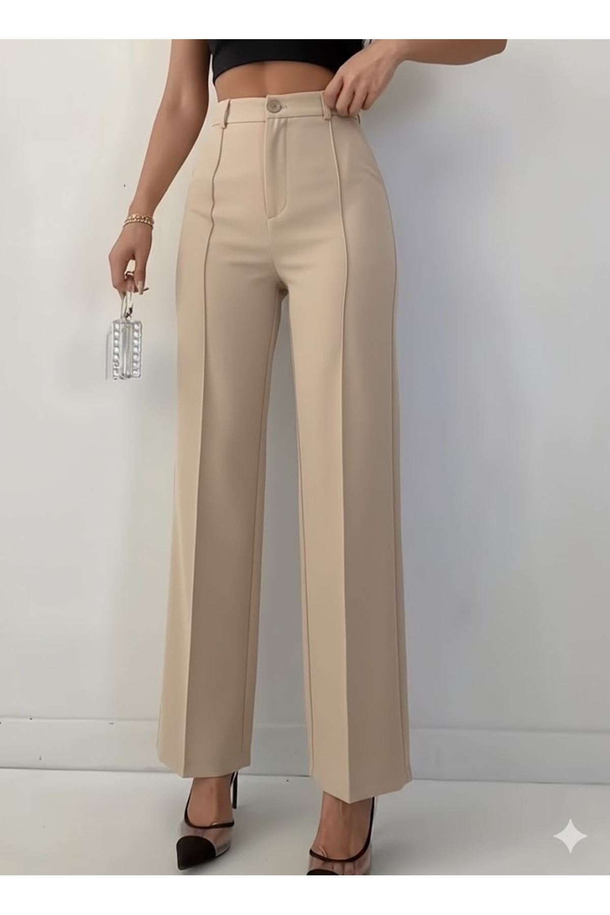 Bordo Renk Yüksek Bel Maskülen Kesim Kumaş Pantolon