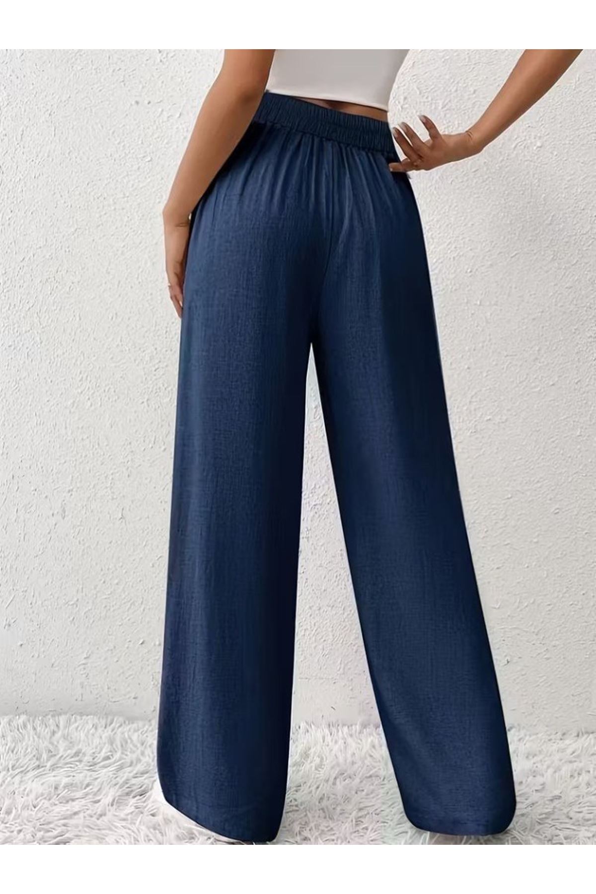 Kadın Yüksek Bel önden Bağlamalı Geniş Kesim Detaylı Uzun Pantolon