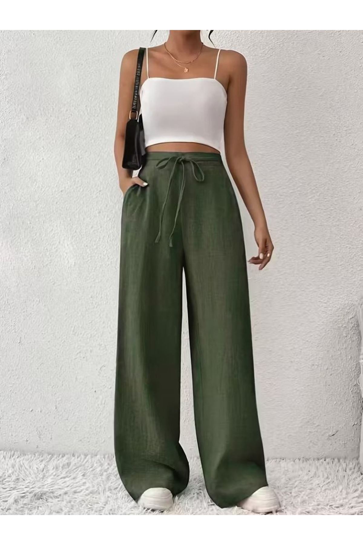 Kadın Yüksek Bel önden Bağlamalı Geniş Kesim Detaylı Uzun Pantolon