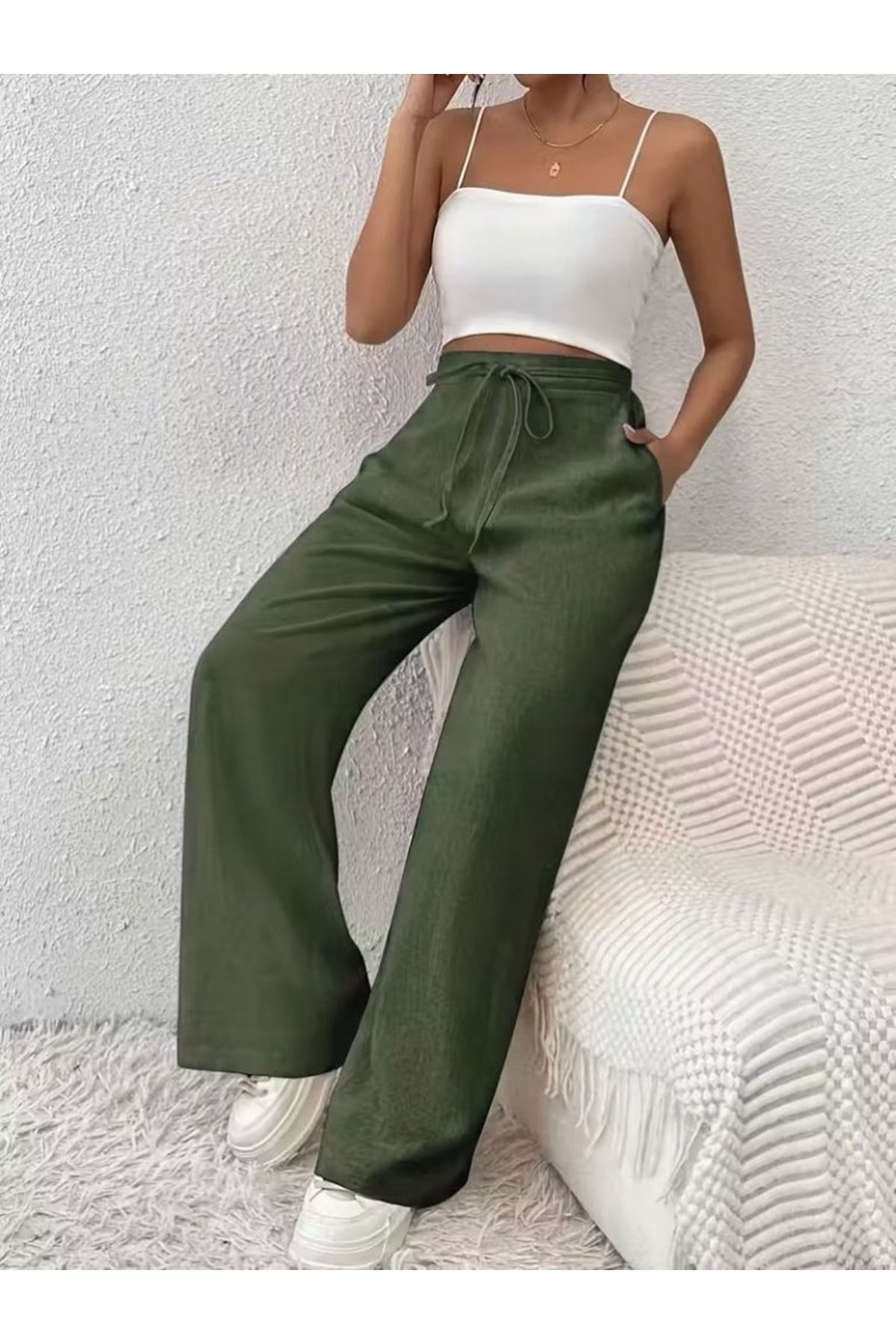 Kadın Yüksek Bel önden Bağlamalı Geniş Kesim Detaylı Uzun Pantolon