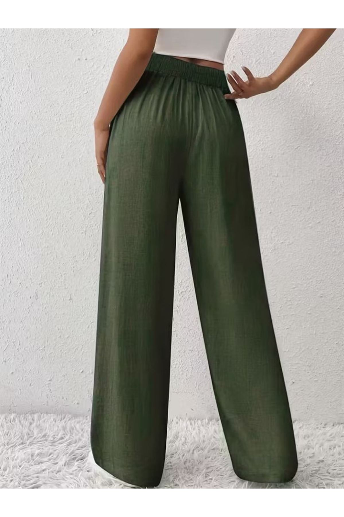 Kadın Yüksek Bel önden Bağlamalı Geniş Kesim Detaylı Uzun Pantolon
