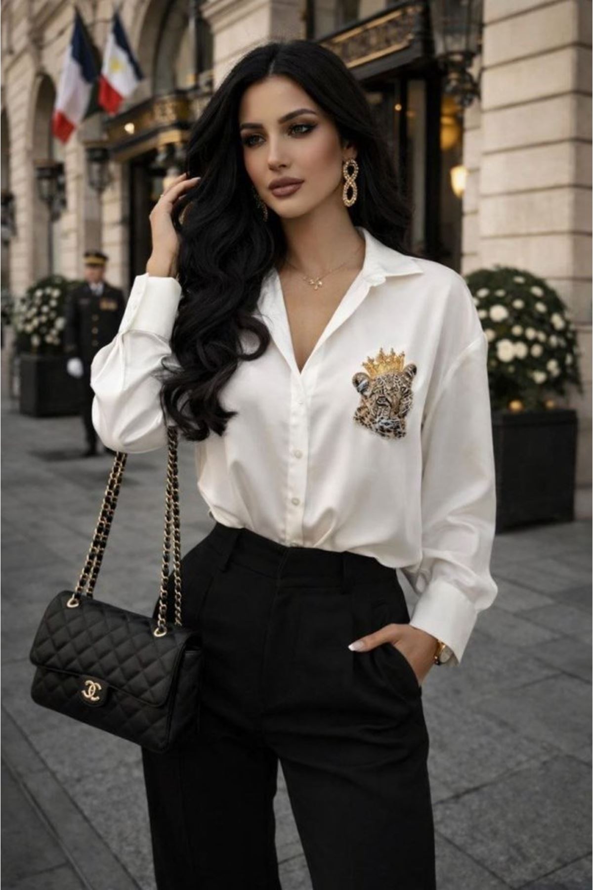 Kadın Leopar Baskılı Taş Işlemeli Jessica Kumaş Gömlek