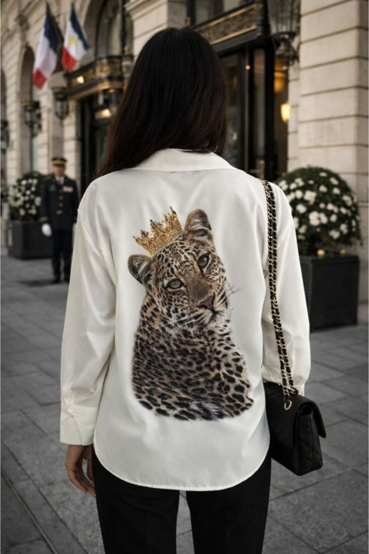 Kadın Leopar Baskılı Taş Işlemeli Jessica Kumaş Gömlek