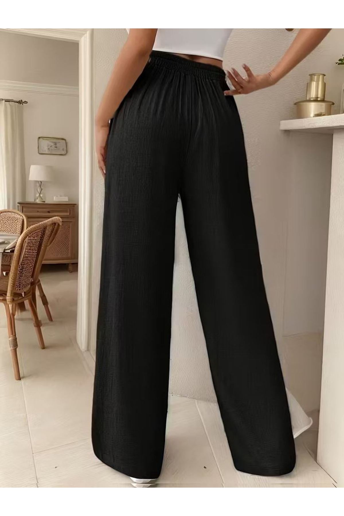 Kadın Yüksek Bel önden Bağlamalı Geniş Kesim Detaylı Uzun Pantolon