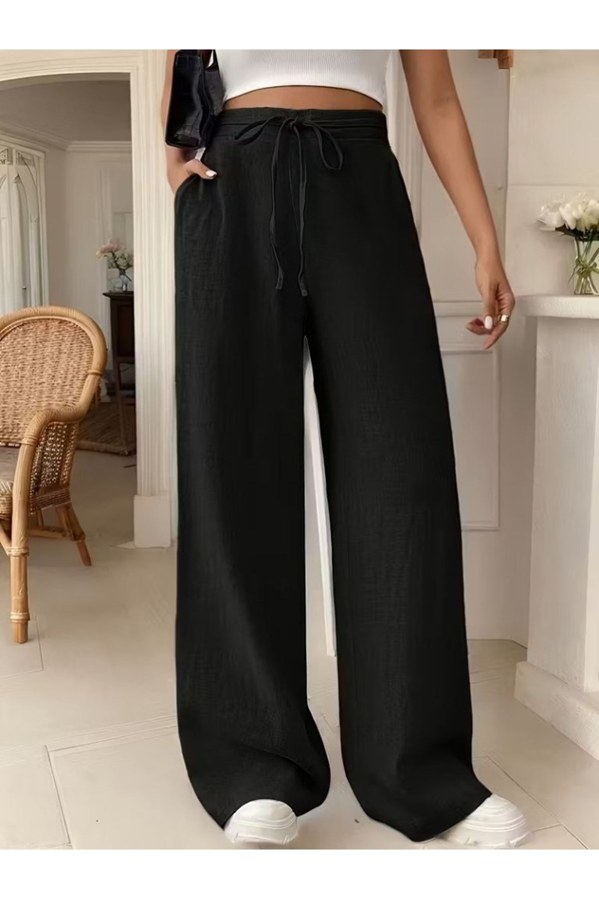 Kadın Yüksek Bel önden Bağlamalı Geniş Kesim Detaylı Uzun Pantolon