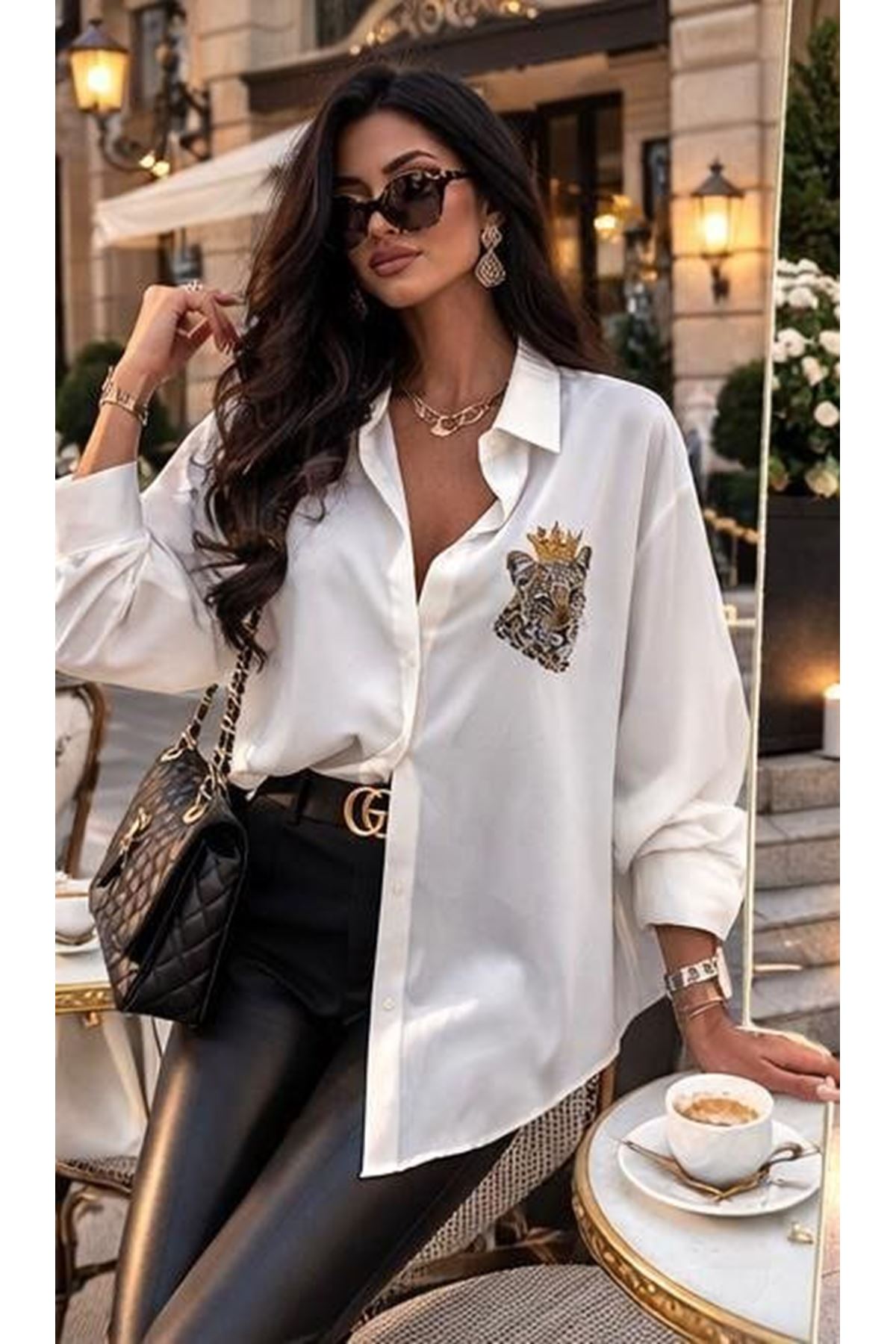 Kadın Leopar Baskılı Taş Işlemeli Jessica Kumaş Gömlek