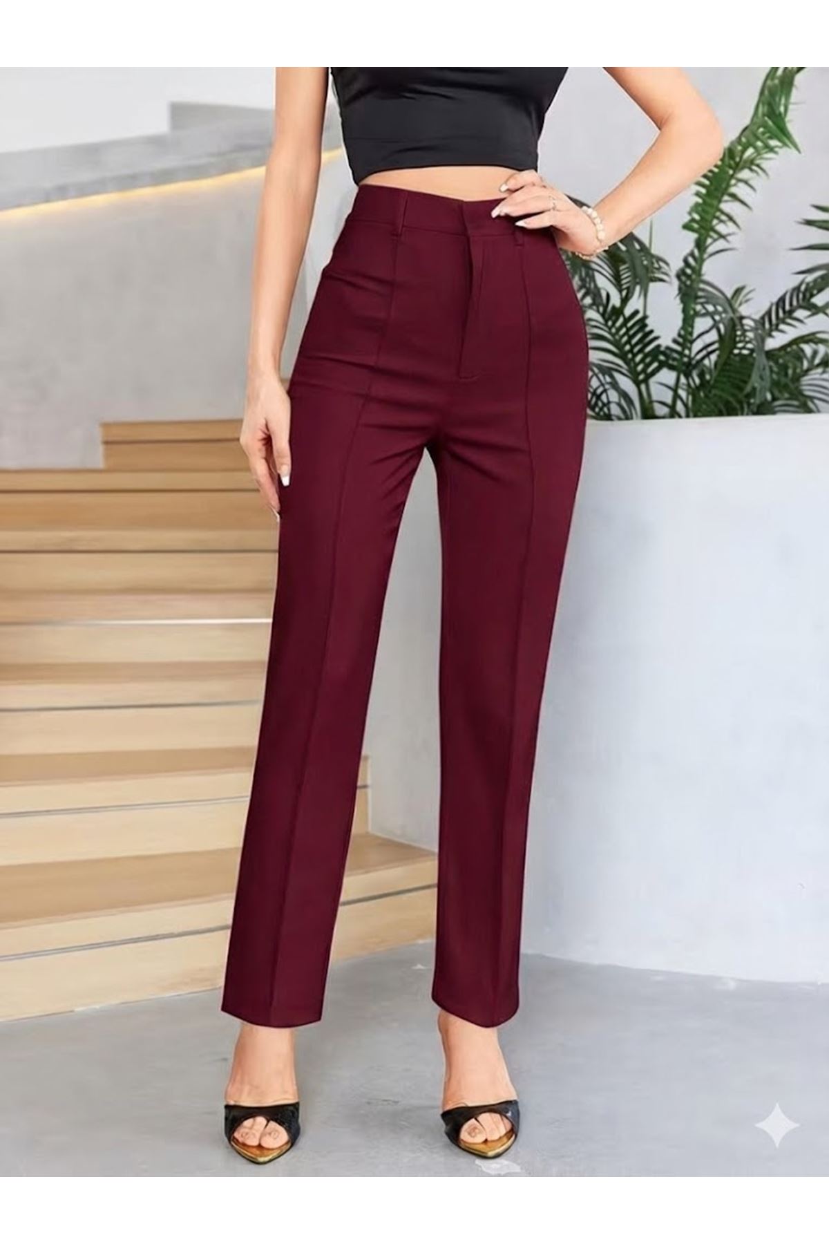 Bordo Renk Yüksek Bel Maskülen Kesim Kumaş Pantolon