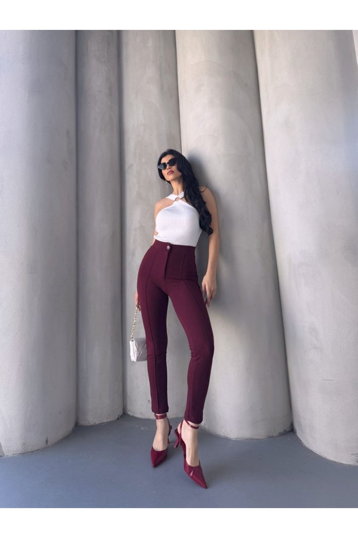 Bordo Renk Yüksek Bel Maskülen Kesim Kumaş Pantolon