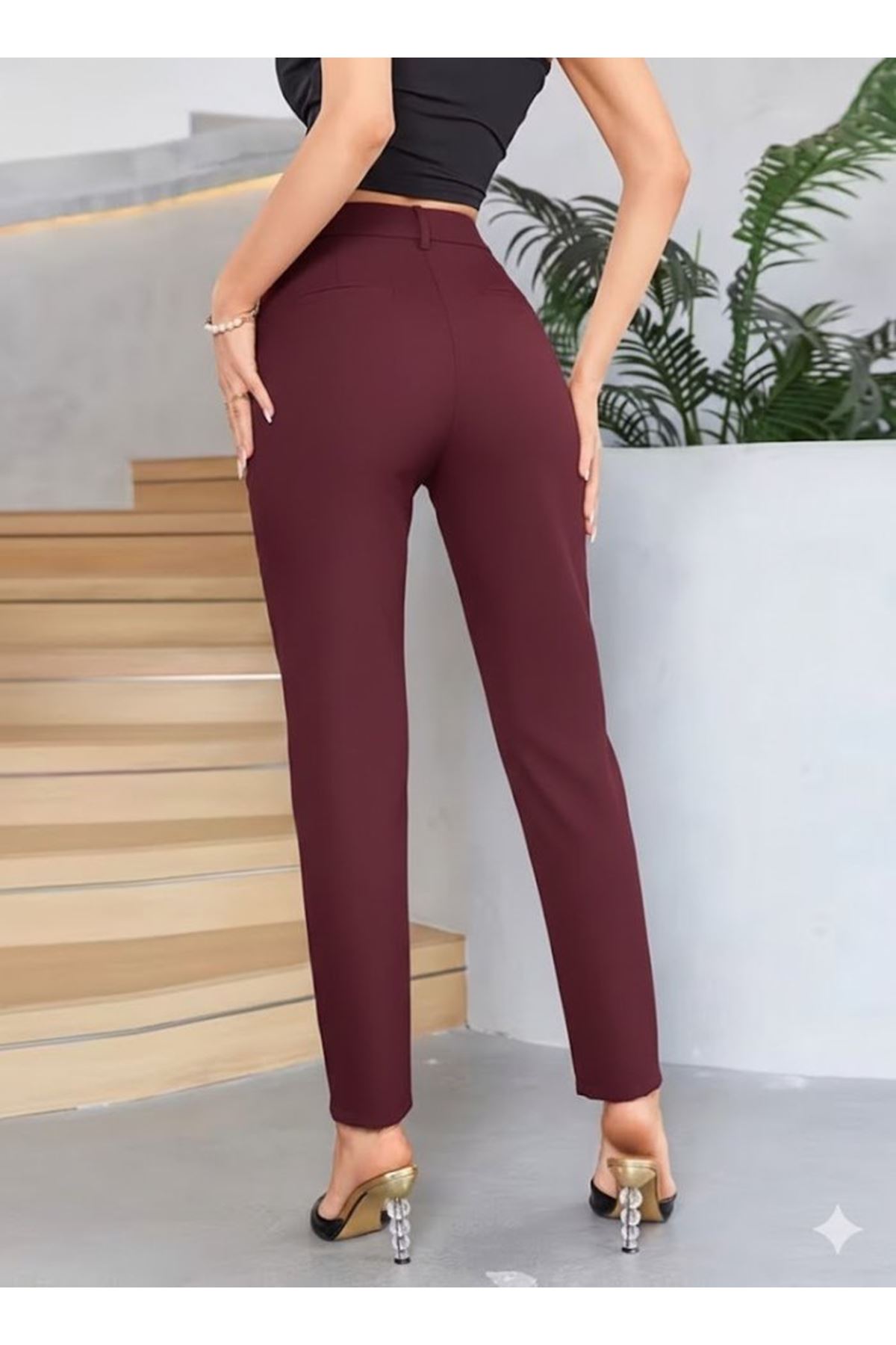 Bordo Renk Yüksek Bel Maskülen Kesim Kumaş Pantolon