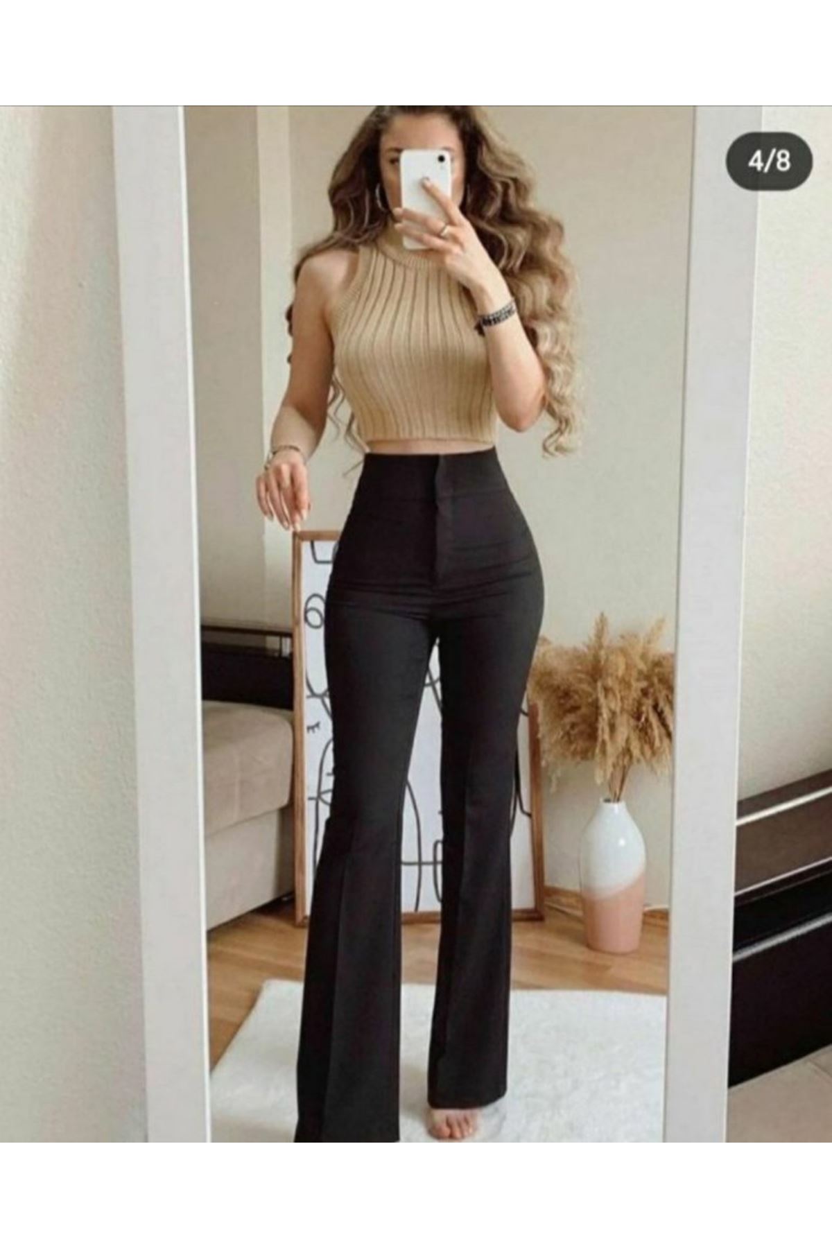 Kadın Yüksek Bel Ispanyol Paça Atlas Kumaş Pantolon