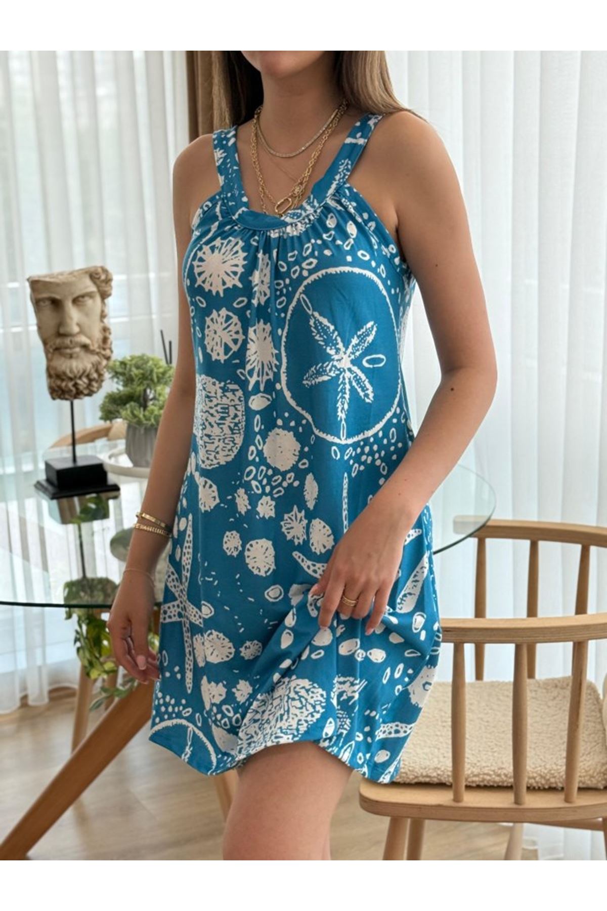 Kadın Askılı Deniz Yıldızı Desenli Süprem Elbise