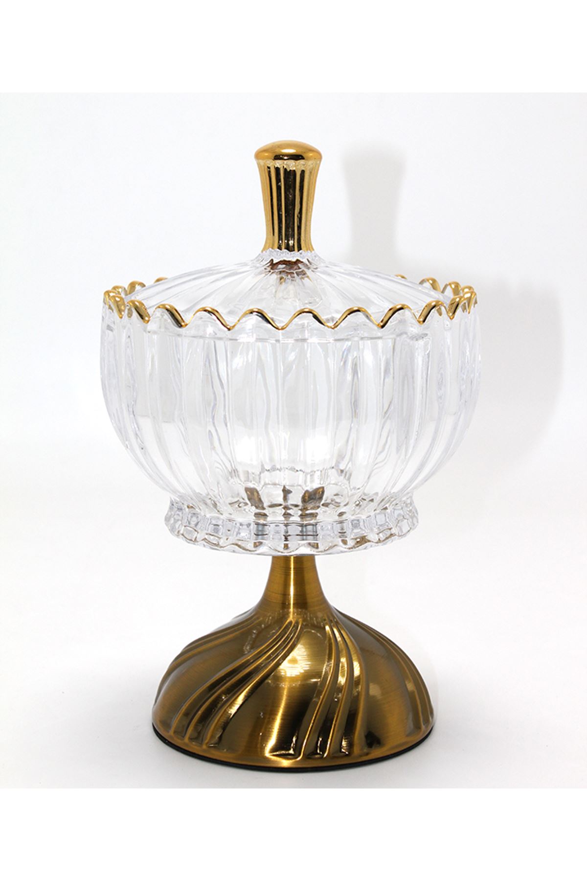Metal Ayaklı Kristal Cam Şekerlik Gold Detaylı Sunumluk