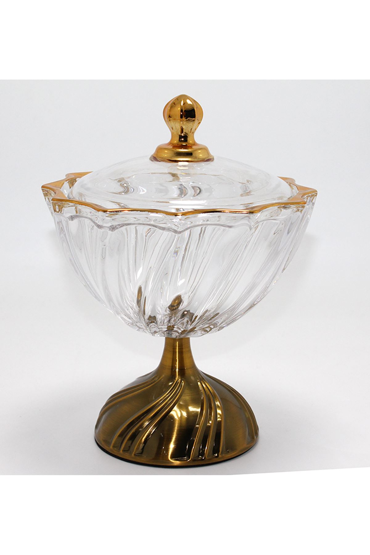 Metal Ayaklı Kristal Cam Şekerlik Gold Detaylı Sunumluk