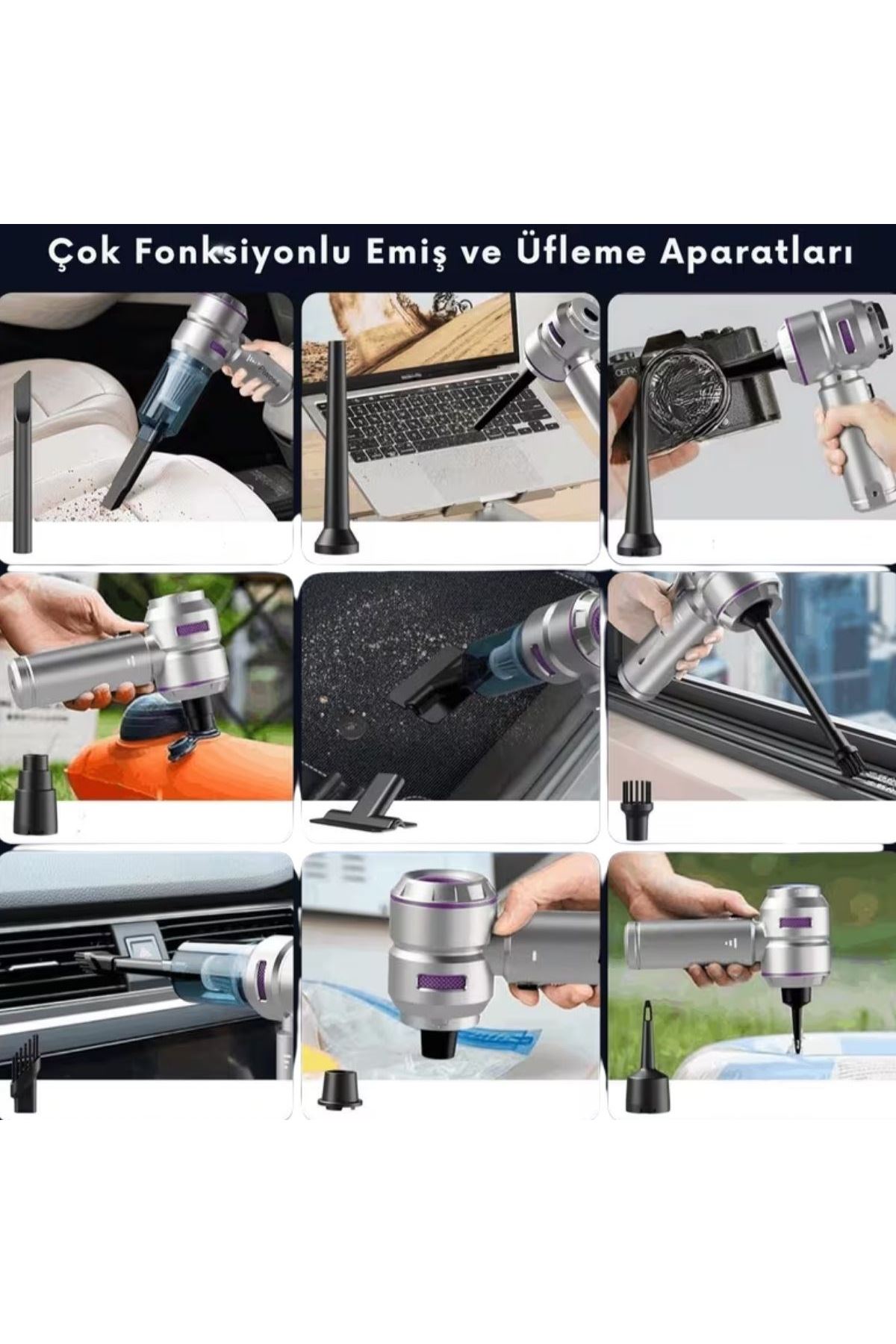 TBL Dekor® 9 Farklı Uçlu Kablosuz Şarjlı Araç İçi Süpürge – Wireless Destekli, Güçlü Emiş, Taşınabilir Pratik Araç Temizleyici