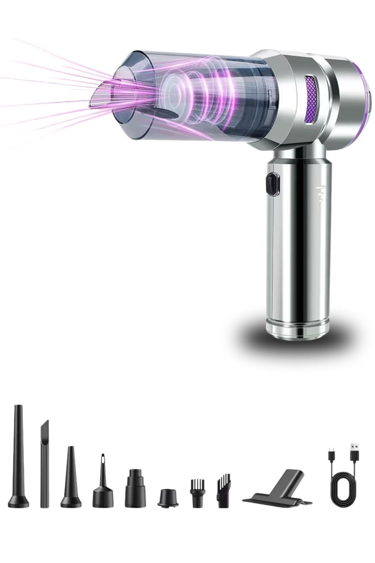 TBL Dekor® 9 Farklı Uçlu Kablosuz Şarjlı Araç İçi Süpürge – Wireless Destekli, Güçlü Emiş, Taşınabilir Pratik Araç Temizleyici