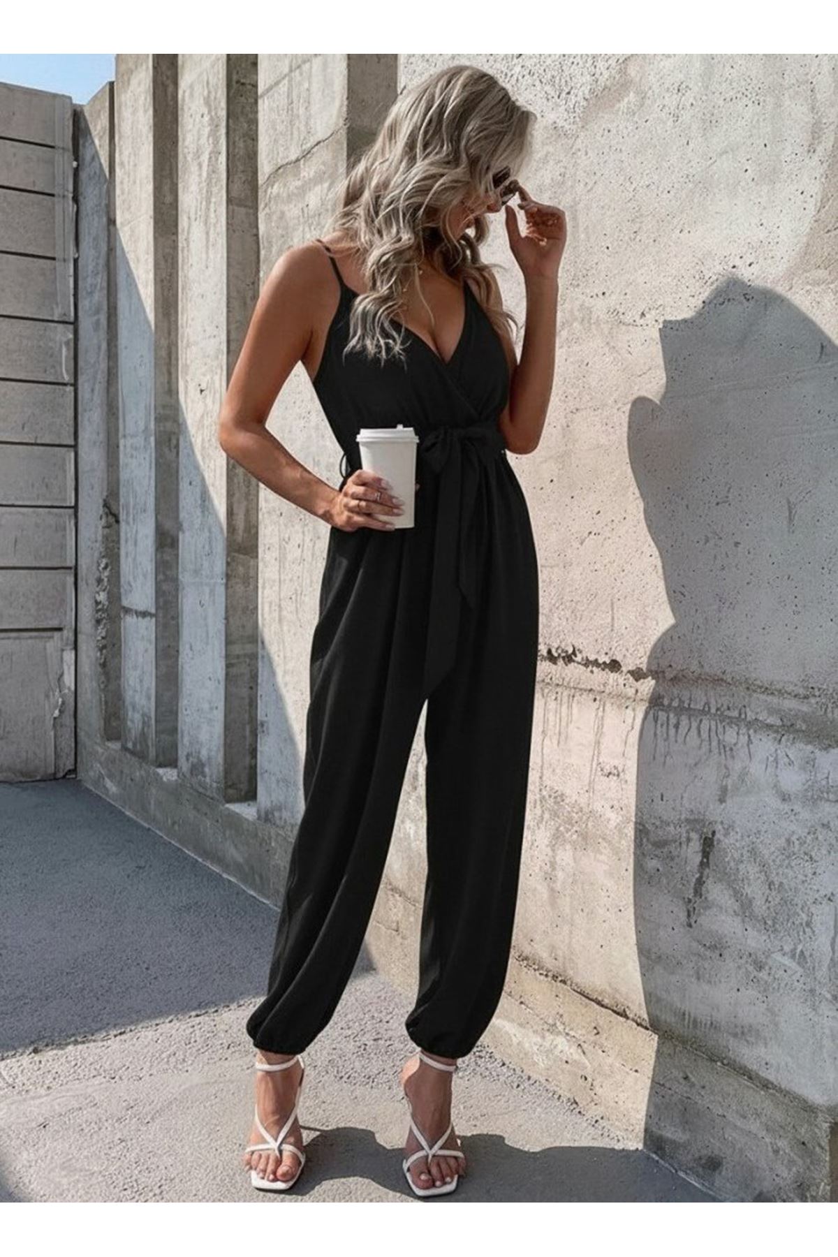 Kadın Ip Askılı Kruvaze Yakalı Belden Kuşaklı Uzun Sandy Tulum