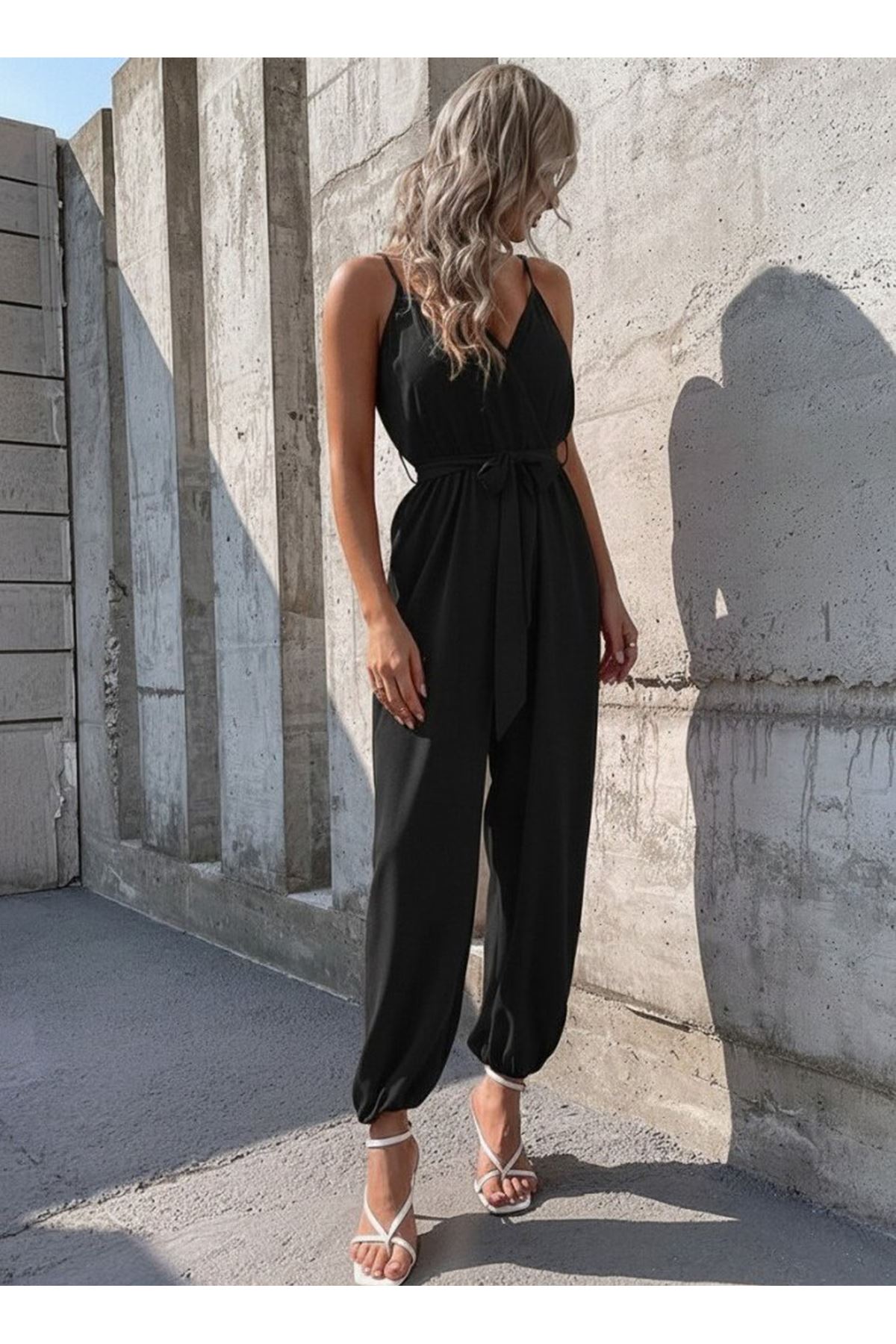 Kadın Ip Askılı Kruvaze Yakalı Belden Kuşaklı Uzun Sandy Tulum