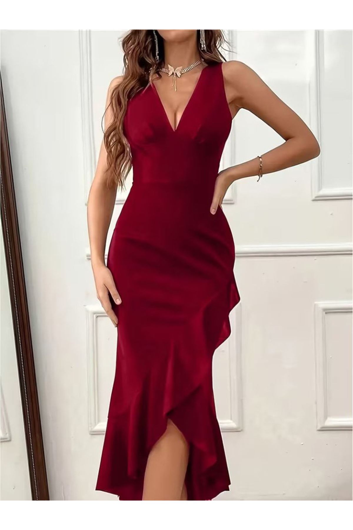 Kadın Askılı Kruvaze Yakalı önden Fırfırlı Uzun Ithal Krep Elbise