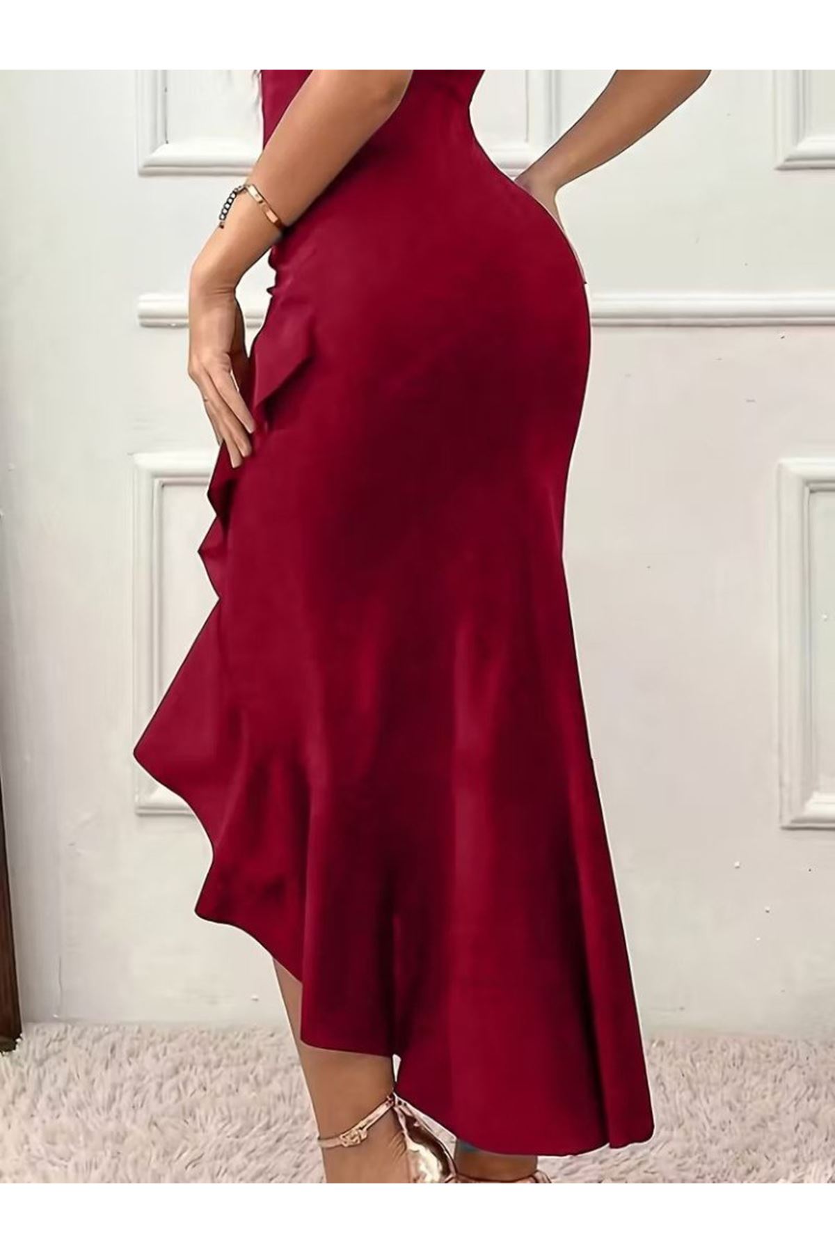 Kadın Askılı Kruvaze Yakalı önden Fırfırlı Uzun Ithal Krep Elbise