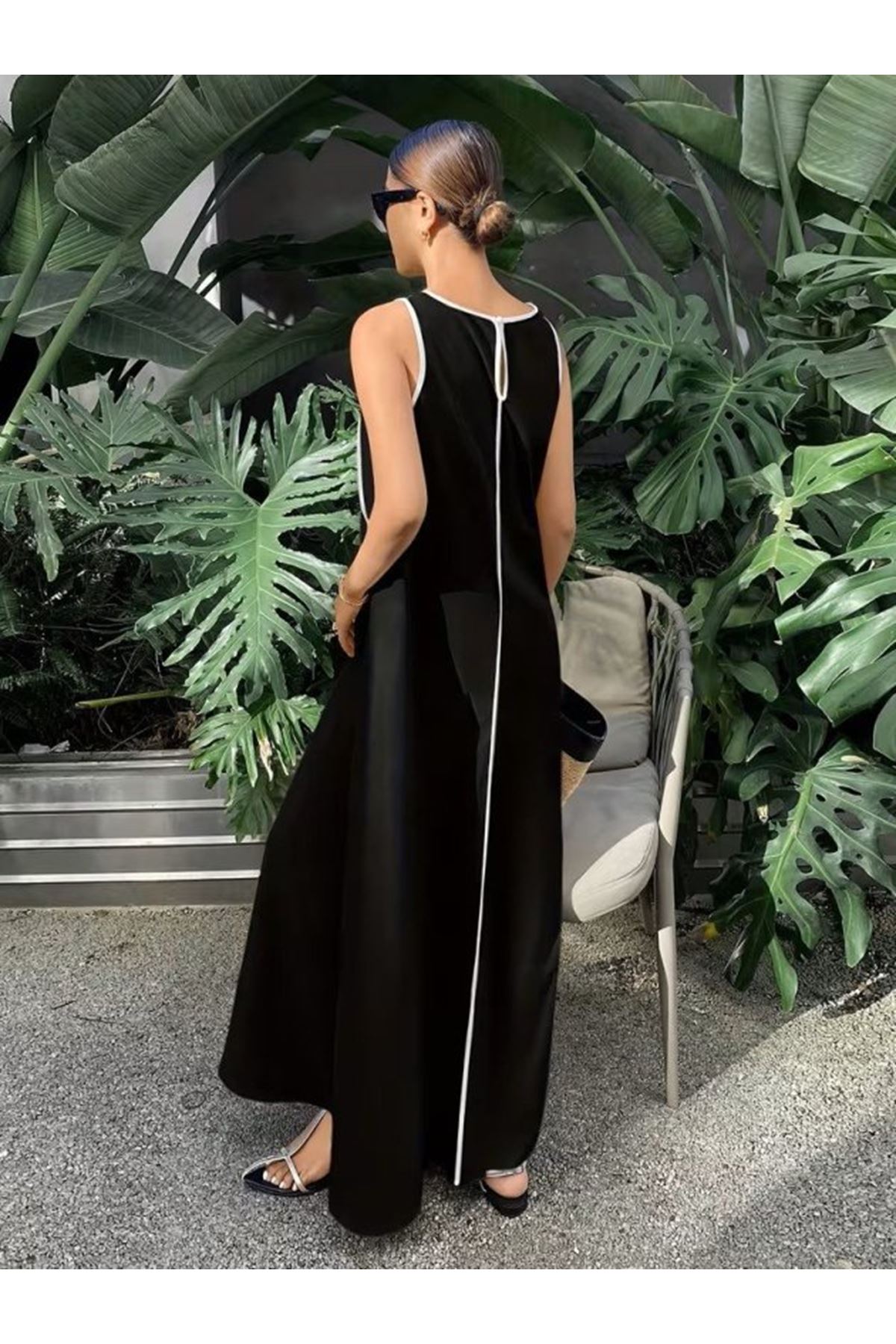 Kadın Omuzlardan Açık Yaka Ince şerit Detaylı Uzun Viskon Elbise